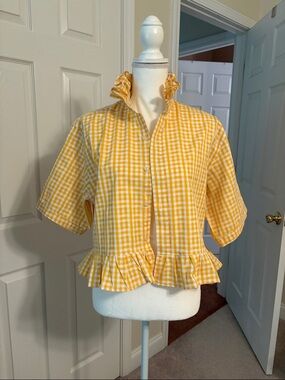 Yellow Gingham Ruffle Collar Button-Up crop upcycled men’s short sleeve shirt